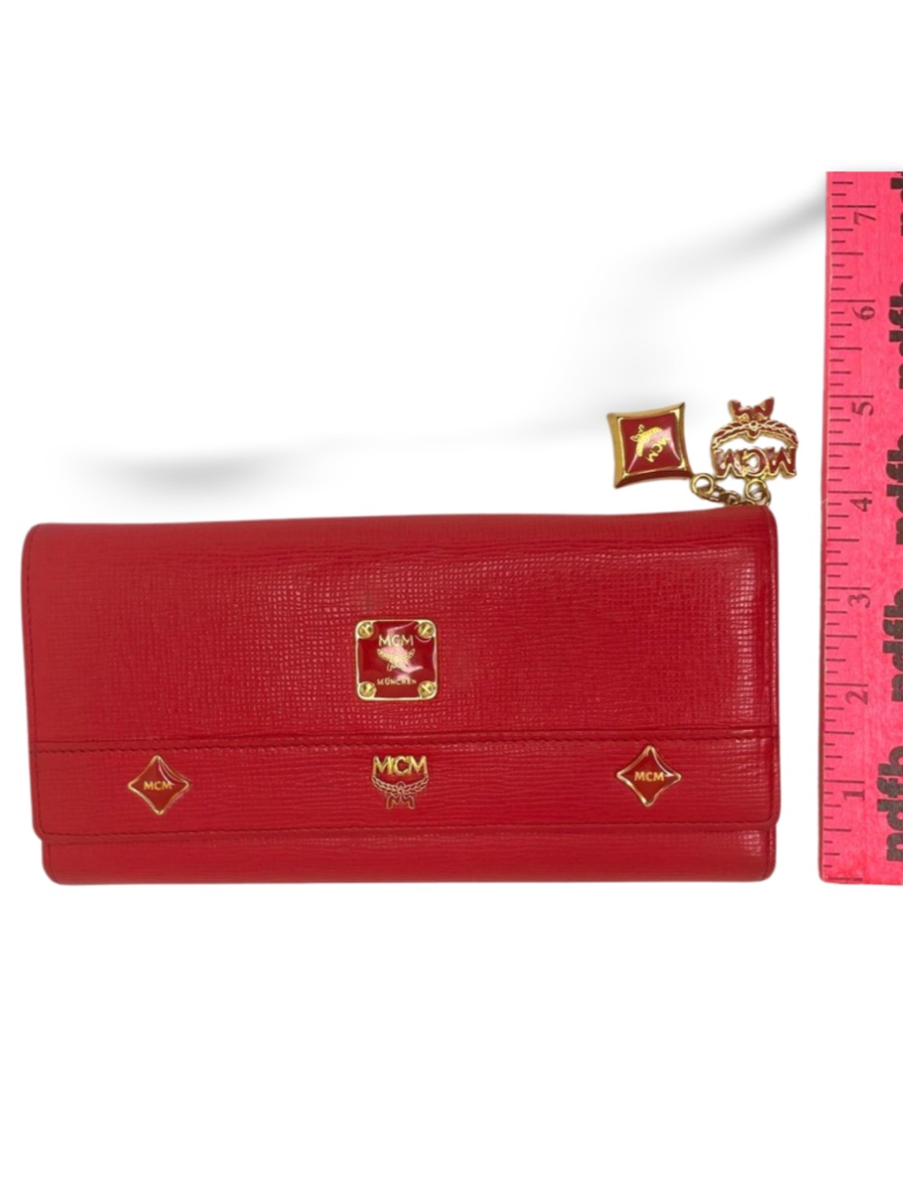 MCM Red Leather Long Wallet Gold Hardware Logo Charm Continental Wallet - Picture 15 of 15